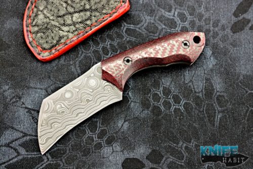 custom brandon corbin ncsteelwrx mini hawkbill prototype knife, vegas forge typhoon damascus, aj composites red black carbon fiber handle