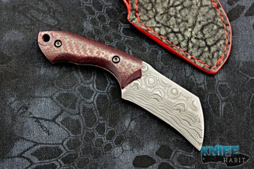 custom brandon corbin ncsteelwrx mini hawkbill prototype knife, vegas forge typhoon damascus, aj composites red black carbon fiber handle