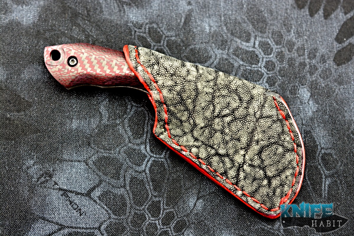 custom brandon corbin ncsteelwrx mini hawkbill prototype knife, vegas forge typhoon damascus, aj composites red black carbon fiber handle