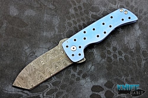 custom richmade knives grim reaper knife, damascus blade steel, blue titanium frame