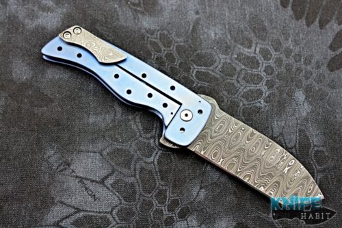 custom richmade knives grim reaper knife, damascus blade steel, blue titanium frame