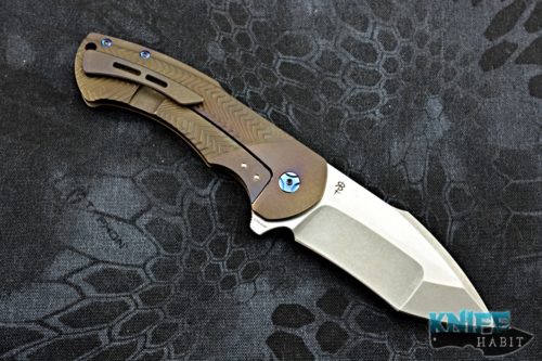 custom rick barrett fallout knife, reate knives, bronzed titanium handle, two tone blade