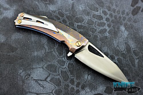 custom tk knives kyre knife, mokuti scales, zirconium back spacer, dlc blade