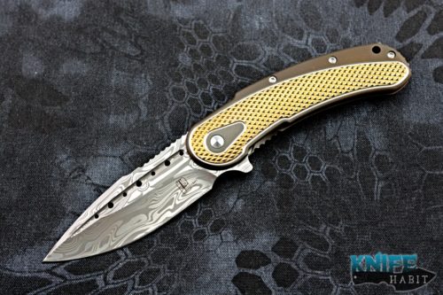 custom todd begg steelcraft bodega knife, damasteel blade, bronze gold diamond pattern titanium handle