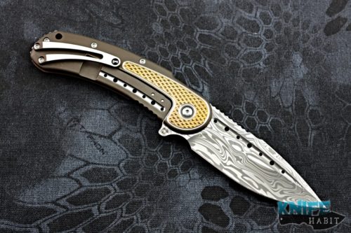 custom todd begg steelcraft bodega knife, damasteel blade, bronze gold diamond pattern titanium handle