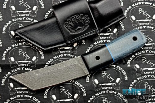 custom borras kustom designs foodog fixed blade knife, vegas forge damascus blade, black g10 and blue micarta handle