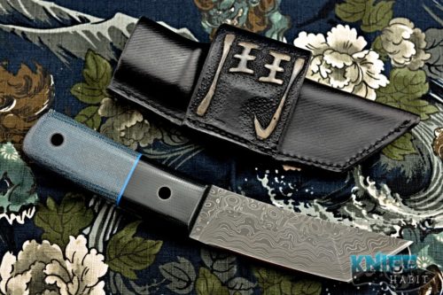 custom borras kustom designs foodog fixed blade knife, vegas forge damascus blade, black g10 and blue micarta handle