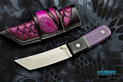 custom borras kustom designs foodog knife, bead blasted black purple g10, stonewashed s35vn blade steel