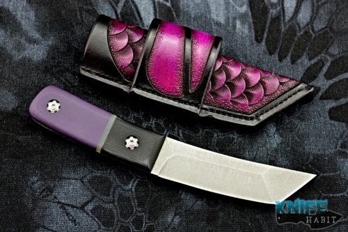 custom borras kustom designs foodog knife, bead blasted black purple g10, stonewashed s35vn blade steel