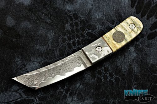 custom borras kustom design foodog knife, meteorite bolster, mammoth ivory scales, dinosaur bone inlay, chad nichols core damascus