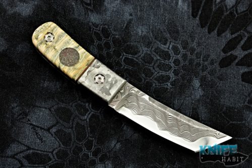 custom borras kustom design foodog knife, meteorite bolster, mammoth ivory scales, dinosaur bone inlay, chad nichols core damascus