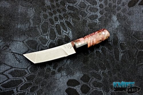 custom borras kustom design mini foodog knife, buckeye burl black resin handle, stonewashed s35vn blade steel