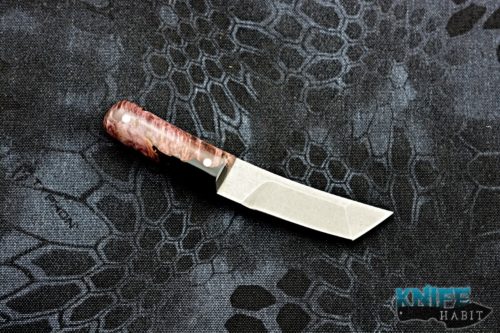 custom borras kustom design mini foodog knife, buckeye burl black resin handle, stonewashed s35vn blade steel