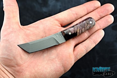 custom borras kustom design mini foodog knife, buckeye burl black resin handle, stonewashed s35vn blade steel