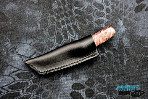 custom borras kustom design mini foodog knife, buckeye burl black resin handle, stonewashed s35vn blade steel