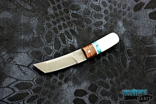 custom borras kustom design mini foodog knife, koa turquoise white g10 handle, stonewashed s35vn blade steel