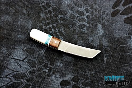 custom borras kustom design mini foodog knife, koa turquoise white g10 handle, stonewashed s35vn blade steel