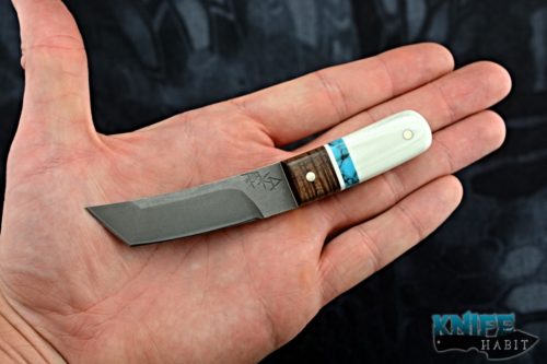 custom borras kustom design mini foodog knife, koa turquoise white g10 handle, stonewashed s35vn blade steel