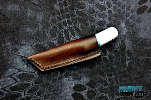 custom borras kustom design mini foodog knife, koa turquoise white g10 handle, stonewashed s35vn blade steel