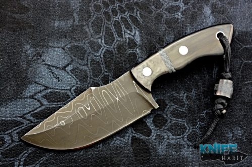 custom borras kustom designs overwatch fixed blade knife, alabama damascus blade, pinstripe carbon fiber handle