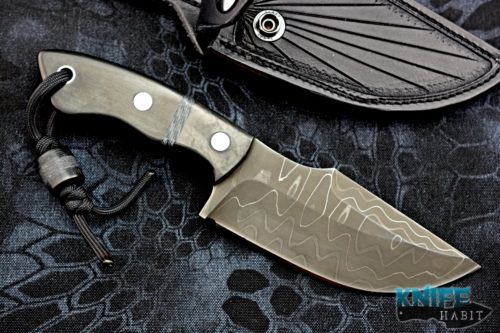 custom borras kustom designs overwatch fixed blade knife, alabama damascus blade, pinstripe carbon fiber handle