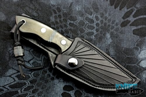 custom borras kustom designs overwatch fixed blade knife, alabama damascus blade, pinstripe carbon fiber handle