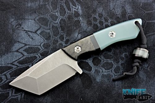 custom borras kustom designs thug fixed blade knife, skull sheath, jade and cmascus handle