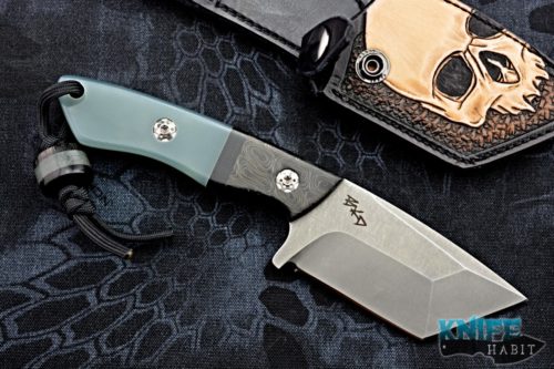 custom borras kustom designs thug fixed blade knife, skull sheath, jade and cmascus handle