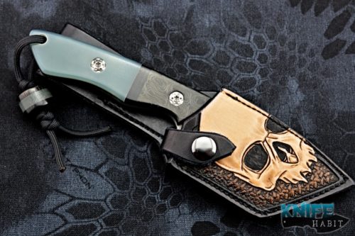 custom borras kustom designs thug fixed blade knife, skull sheath, jade and cmascus handle