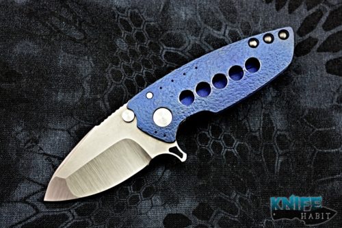 custom direware hyper 90 knife, blue textured titanium frame, satin bohler m390