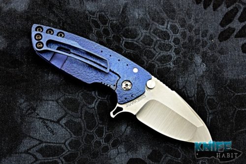 custom direware hyper 90 knife, blue textured titanium frame, satin bohler m390