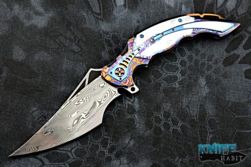 custom ron best phase 3 knife, timascus handle, mother of pearl inlays, damasteel blade