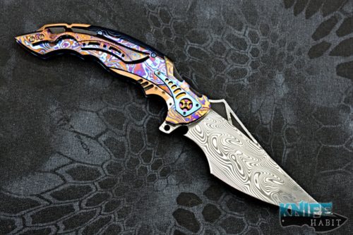 custom ron best phase 3 knife, timascus handle, mother of pearl inlays, damasteel blade