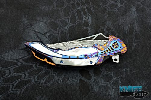 custom ron best phase 3 knife, timascus handle, mother of pearl inlays, damasteel blade