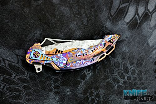 custom ron best phase 3 knife, timascus handle, mother of pearl inlays, damasteel blade