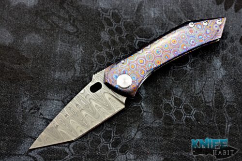 custom sergey rogovets mini fmj knife, black timascus frame, mike norris damascus blade, zirconium back spacer