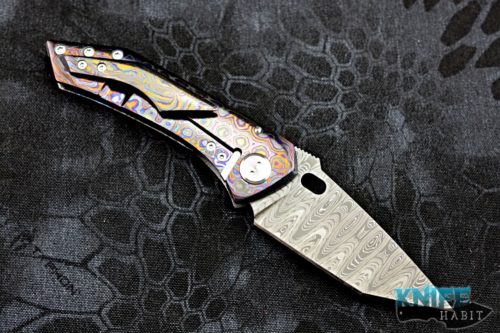 custom sergey rogovets mini fmj knife, black timascus frame, mike norris damascus blade, zirconium back spacer