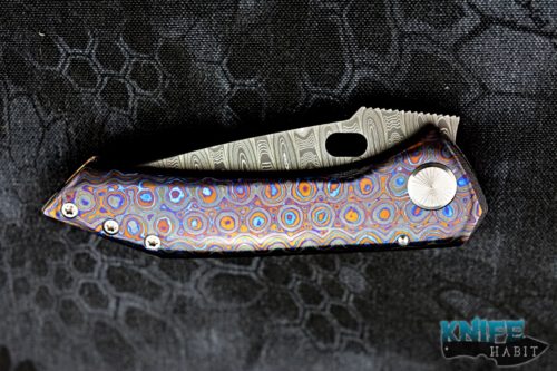 custom sergey rogovets mini fmj knife, black timascus frame, mike norris damascus blade, zirconium back spacer