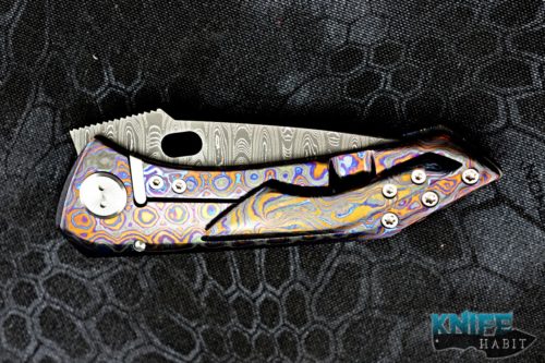 custom sergey rogovets mini fmj knife, black timascus frame, mike norris damascus blade, zirconium back spacer