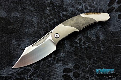 custom thierry savidan jungle II knife, hand rubbed satin cpm 154 blade steel, bead blasted titanium carbon fiber frame