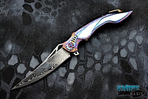 custom ron best the curv knife, timascus handle, white pearl inlays, damasteel blade