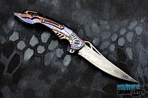 custom ron best the curv knife, timascus handle, white pearl inlays, damasteel blade