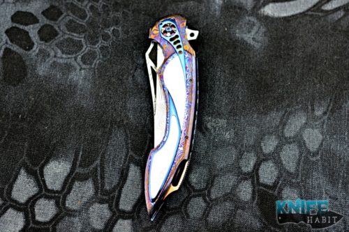 custom ron best the curv knife, timascus handle, white pearl inlays, damasteel blade