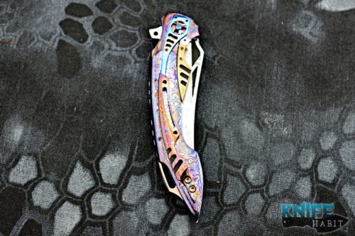 custom ron best the curv knife, timascus handle, white pearl inlays, damasteel blade