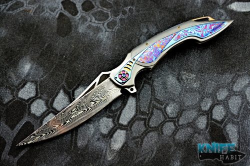 custom ron best the curv knife, zirconium handle, timascus inlays, damasteel blade