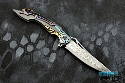 custom ron best the curv knife, zirconium handle, timascus inlays, damasteel blade