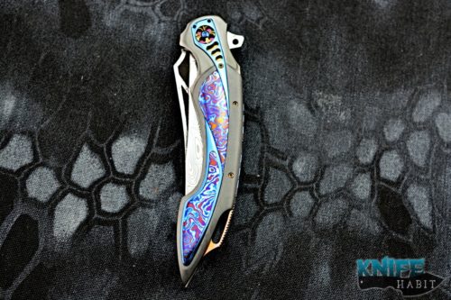 custom ron best the curv knife, zirconium handle, timascus inlays, damasteel blade