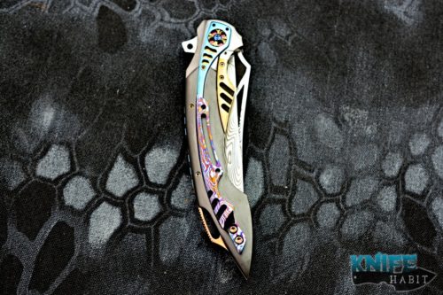 custom ron best the curv knife, zirconium handle, timascus inlays, damasteel blade