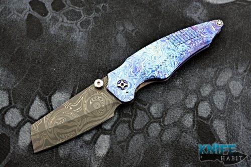 custom scorpion 6 overfall knife, milled timascus frame, chad nichols tide pool damascus blade