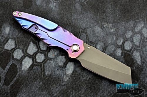 custom scorpion 6 overfall knife, anodized, sculpted titanium frame, cpm 154 acid etched blade